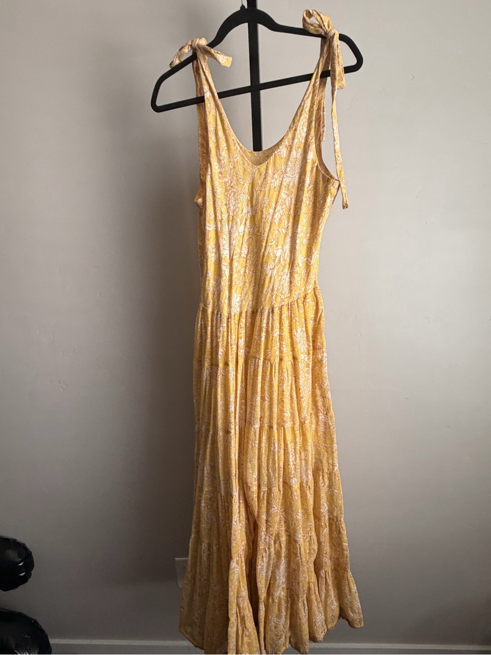 Free People Yellow Floral Tie Strap Tiered Maxi Dress Cottagecore Size L - Picture 6 of 8